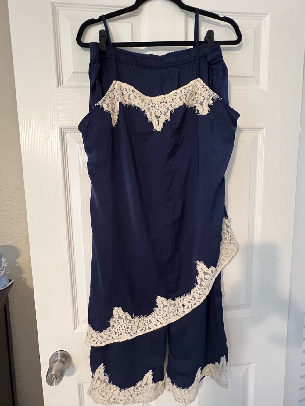 Anthropologie Navy Jumpsuit with Cream Lace Trim Detail